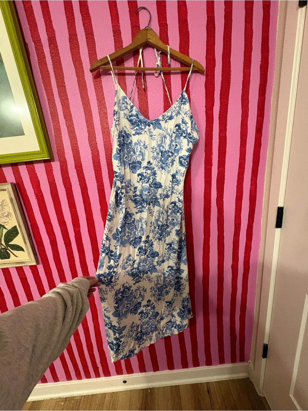 Reformation White Slip Dress with Blue Floral Print